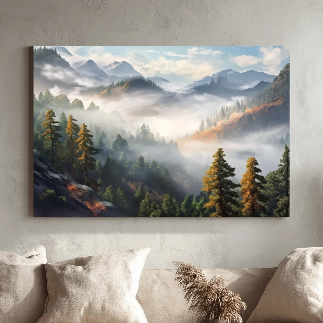 Painting of fog rolling through the trees and mountains