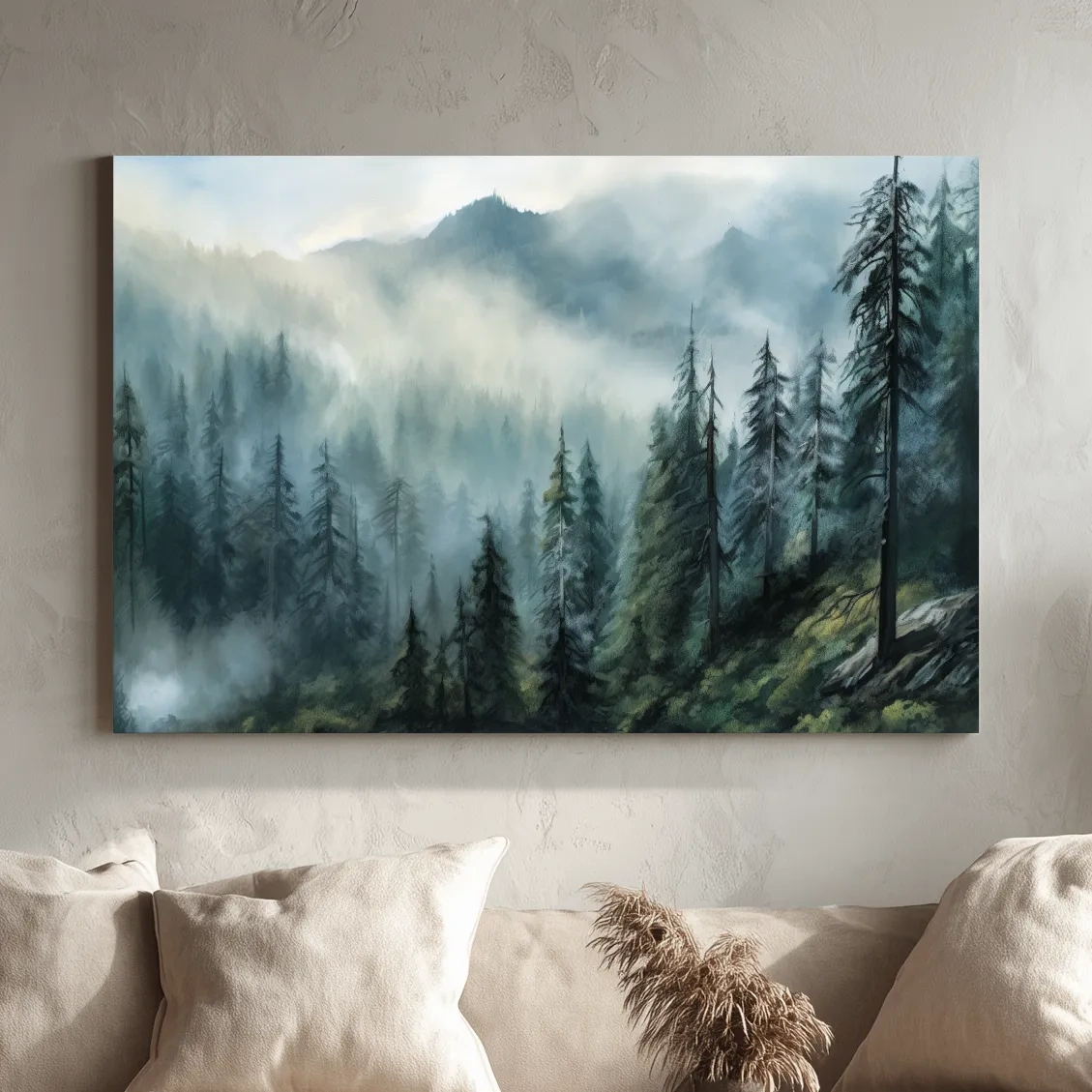 Misty Evergreen Forest Mountain Landscape - Moody Watercolor Nature Wall Art