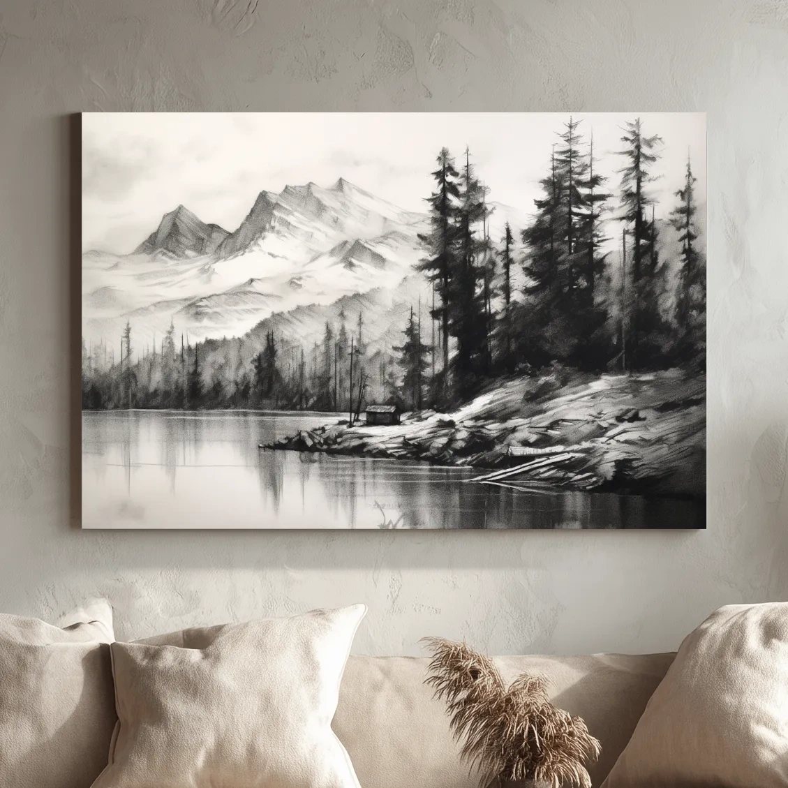 Charcoal drawing of mountains and a lake