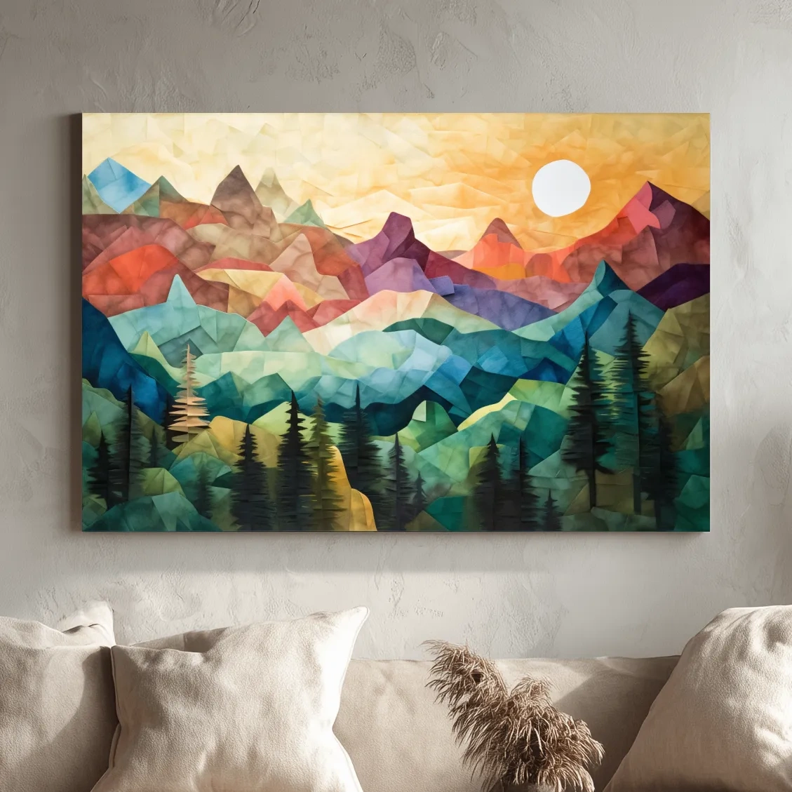 Abstract Sunset Mountain Canvas - Vibrant Patchwork Mosaic Art