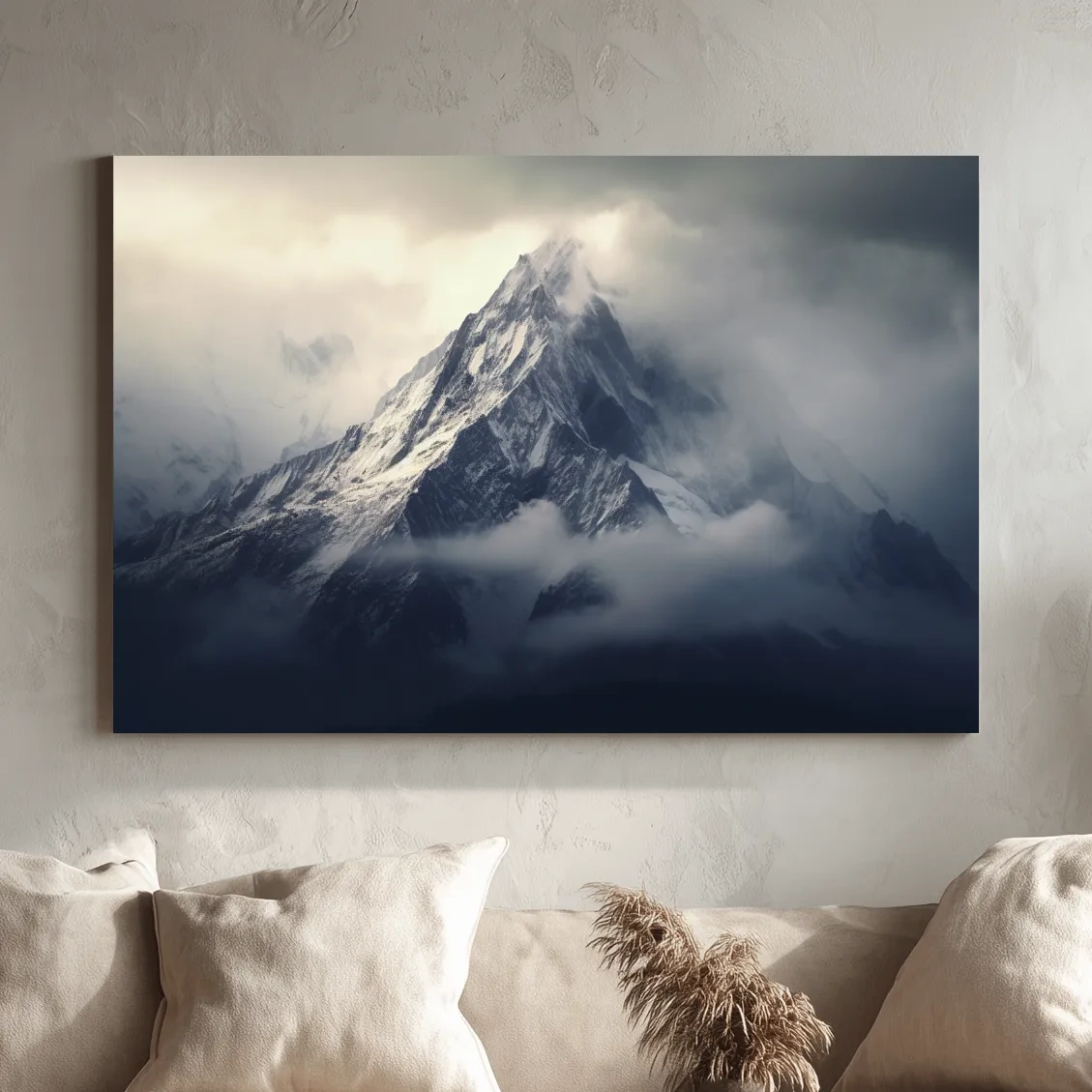 Photographic art, snow capped mountain in the clouds