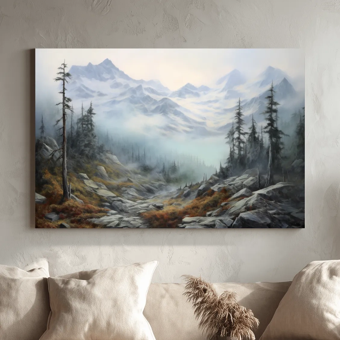 Painting of fog rolling through an alpine scene