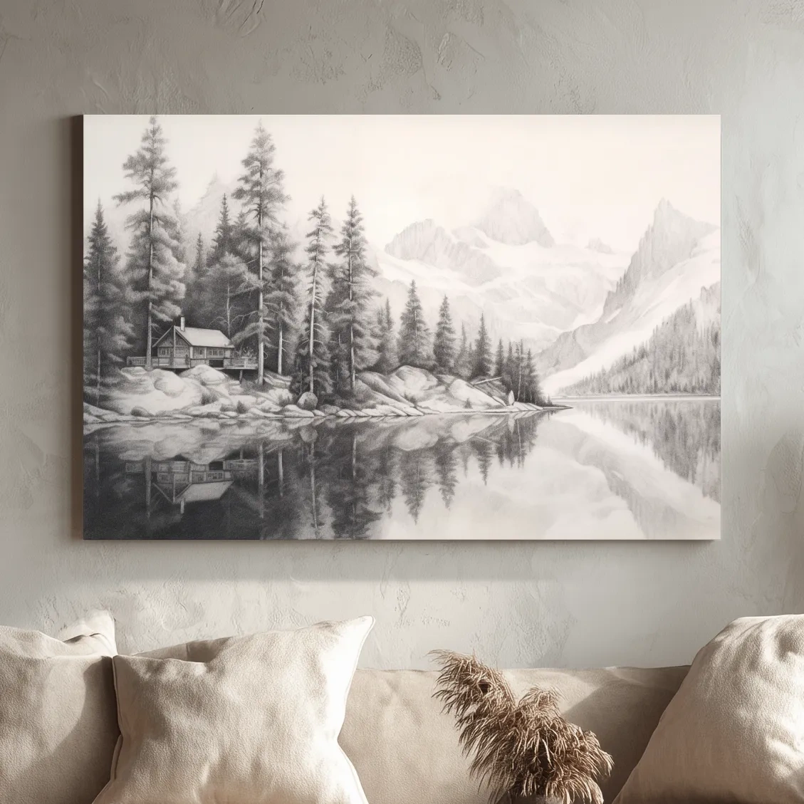 Lead pencil drawing of a cabin by a glacial lake