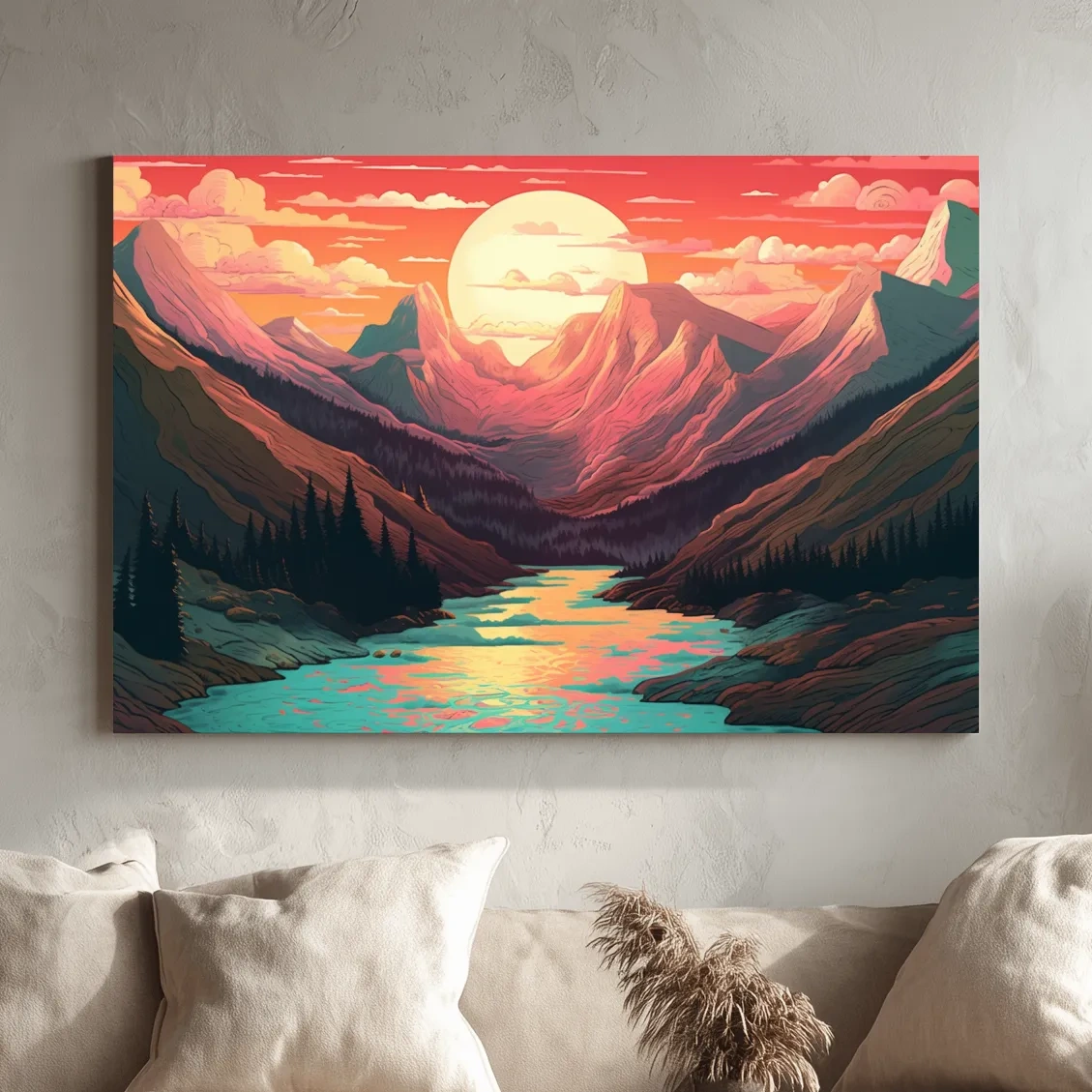 Vibrant Sunset Mountain Valley Illustration - Retro Landscape Wall Art