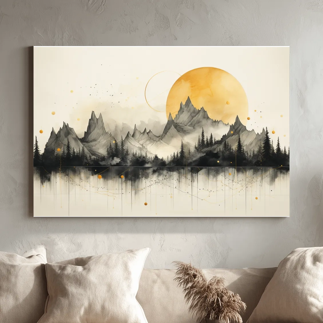 Golden Sun Abstract Mountain Range - Minimalist Watercolor Landscape Wall Art
