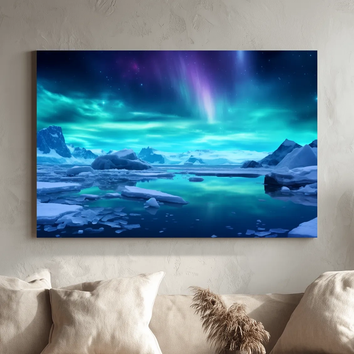 Vibrant Arctic Aurora Over Icebergs - Polar Night Photographic Wall Art
