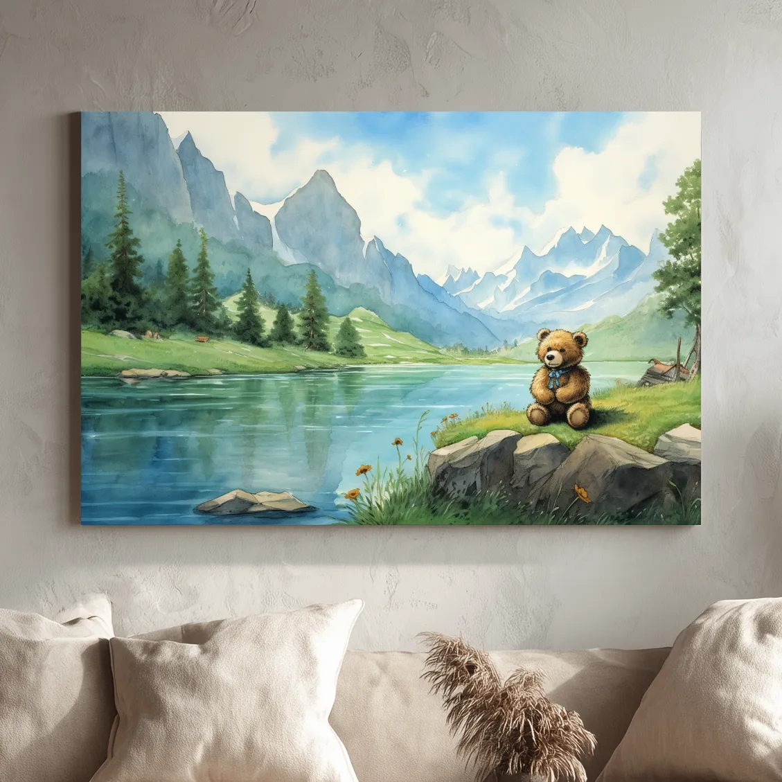 Whimsical Teddy Bear By Mountain Lake - Cute Watercolor Nursery Wall Art