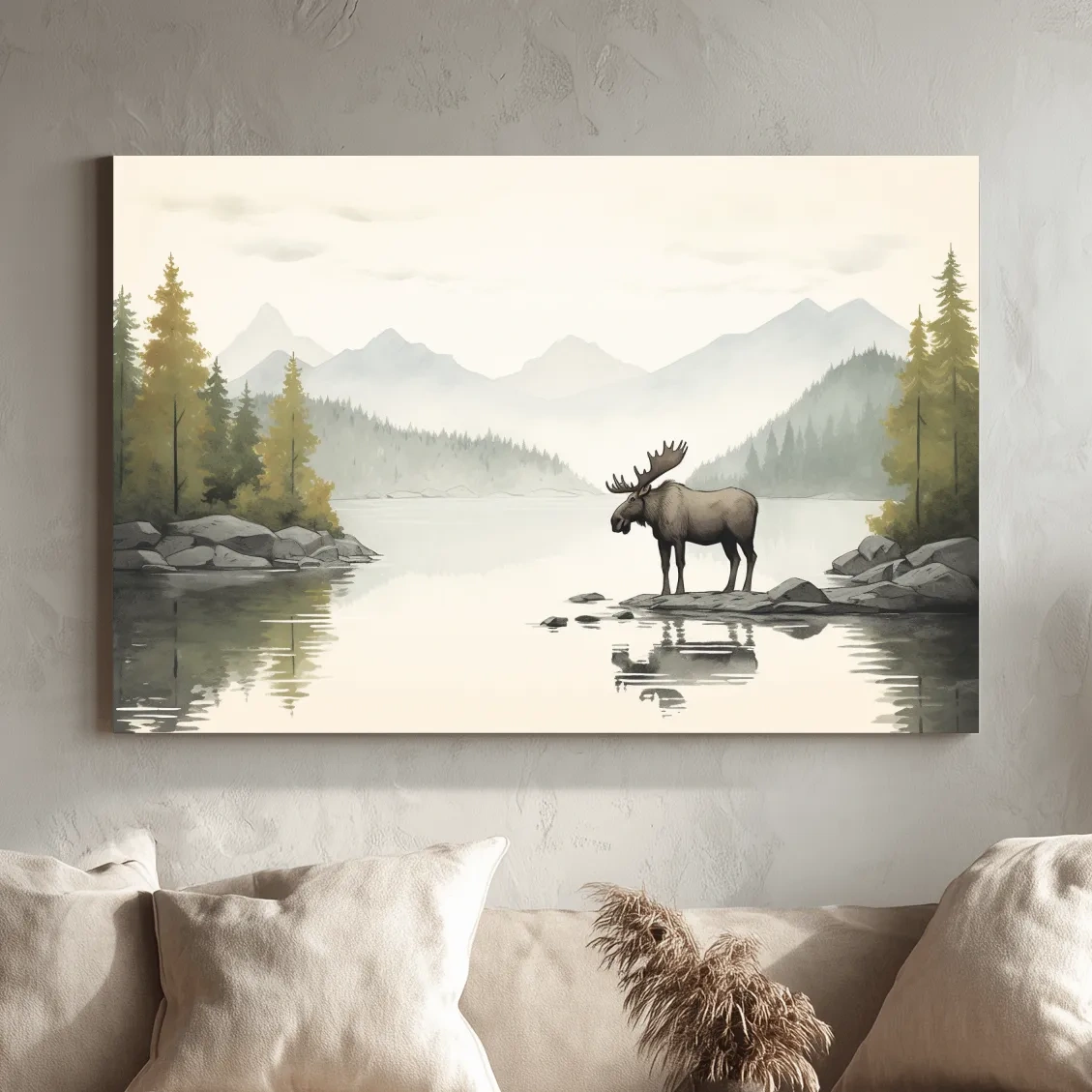 Childrens nursery illustration of a moose by a lake