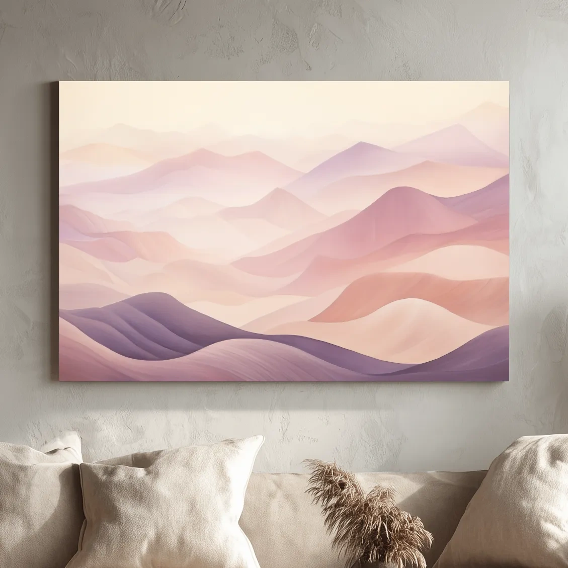 Soft and subtle purple pastel mountains in the fog artwork