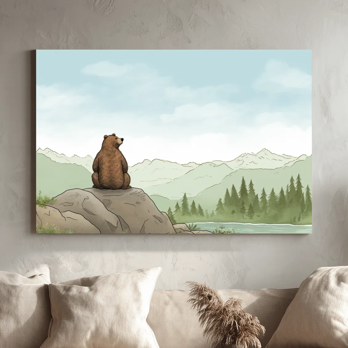 Illustration of a bear chilling on a rock, nursery artwork