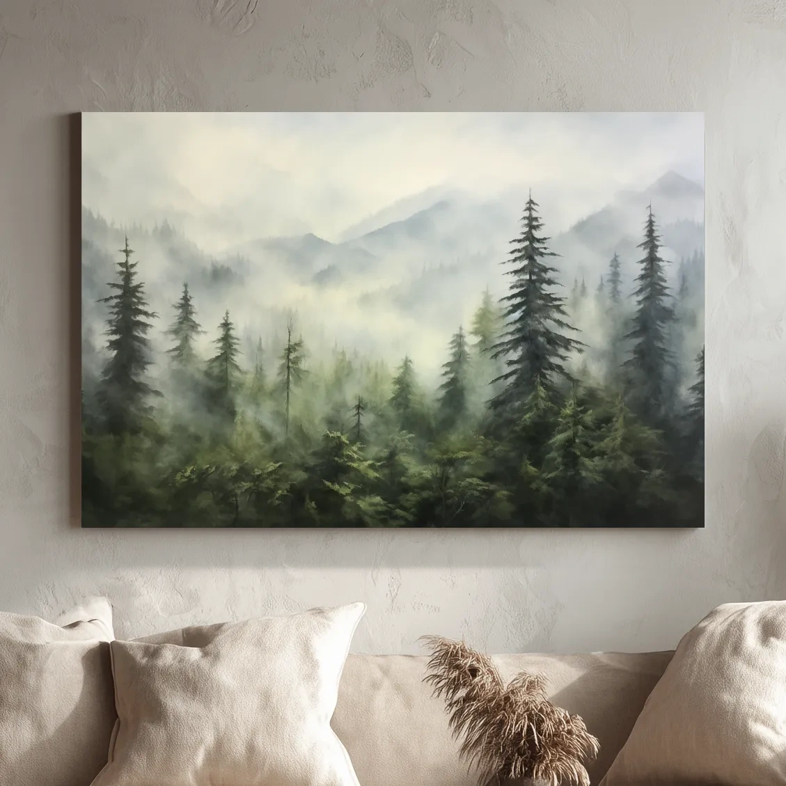 Misty Evergreen Forest Mountains Watercolor - Serene Foggy Landscape Artwork