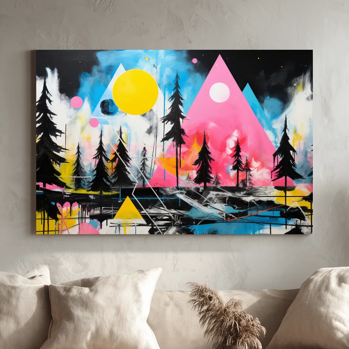 Neon Geometric Mountain Forest Painting - Vibrant Abstract Wall Art