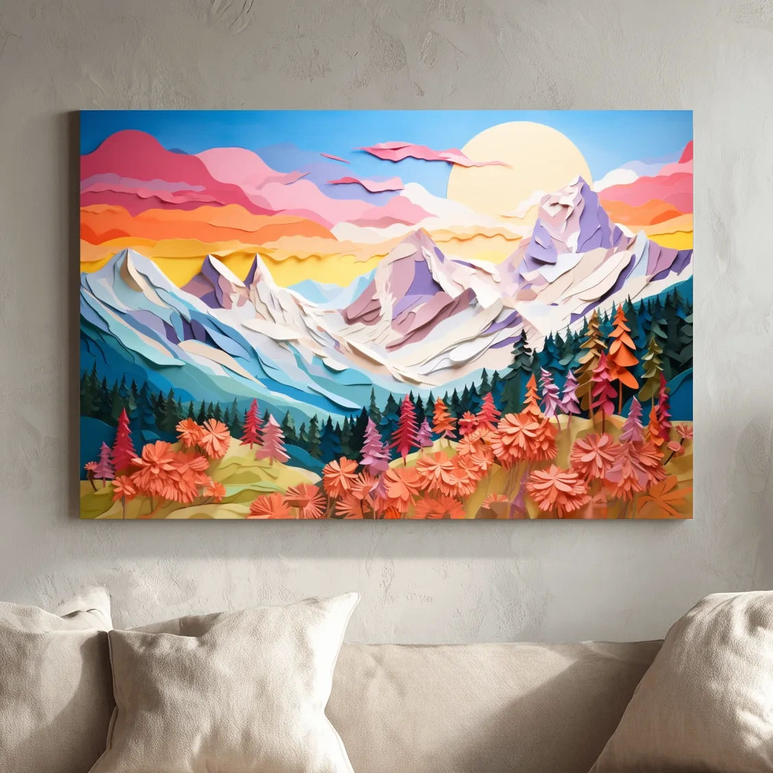 Layered 3D Paper Cut Mountain Sunrise Landscape - Colorful Alpine Meadows Wall Art Print