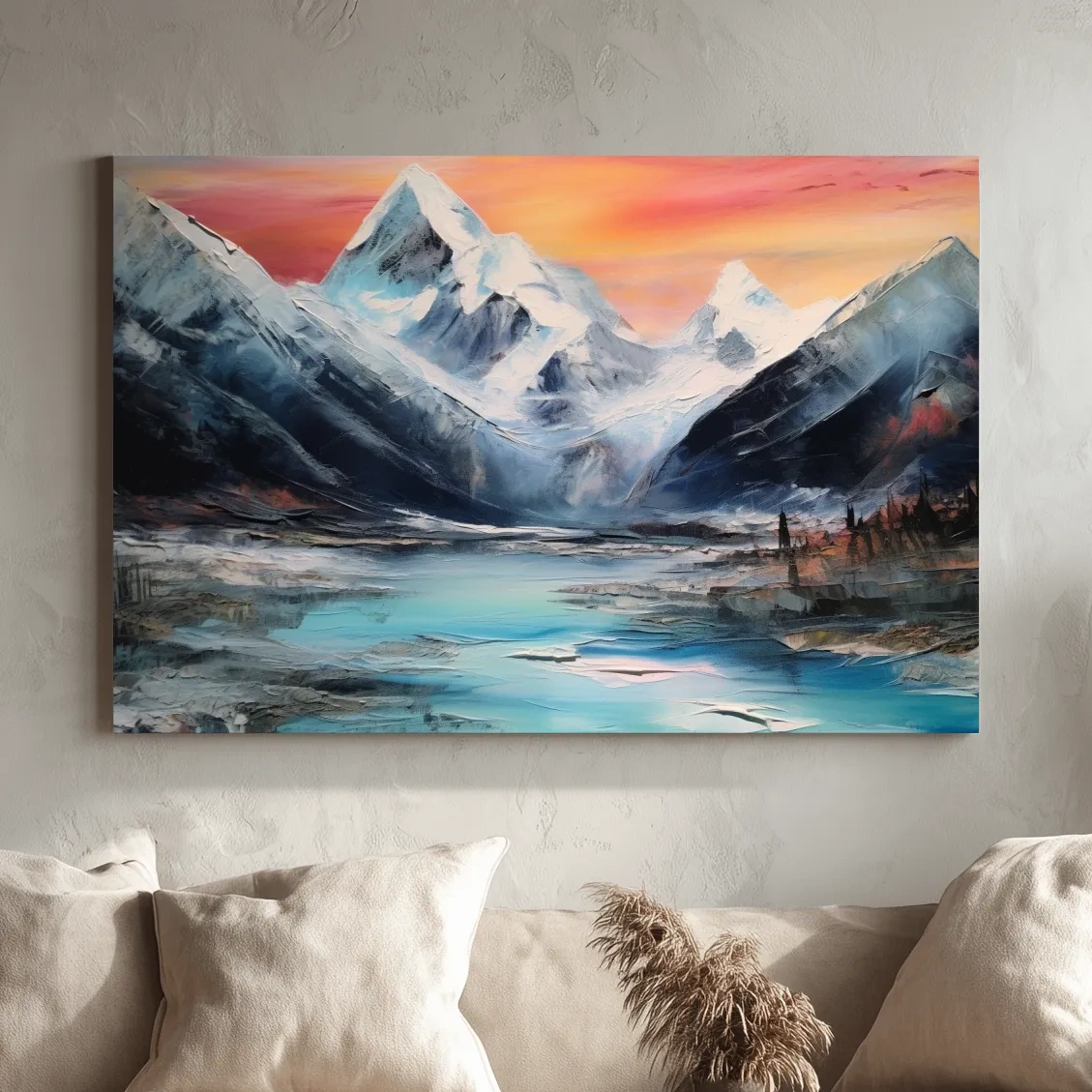 Bold oil painting of a glacier at sunset