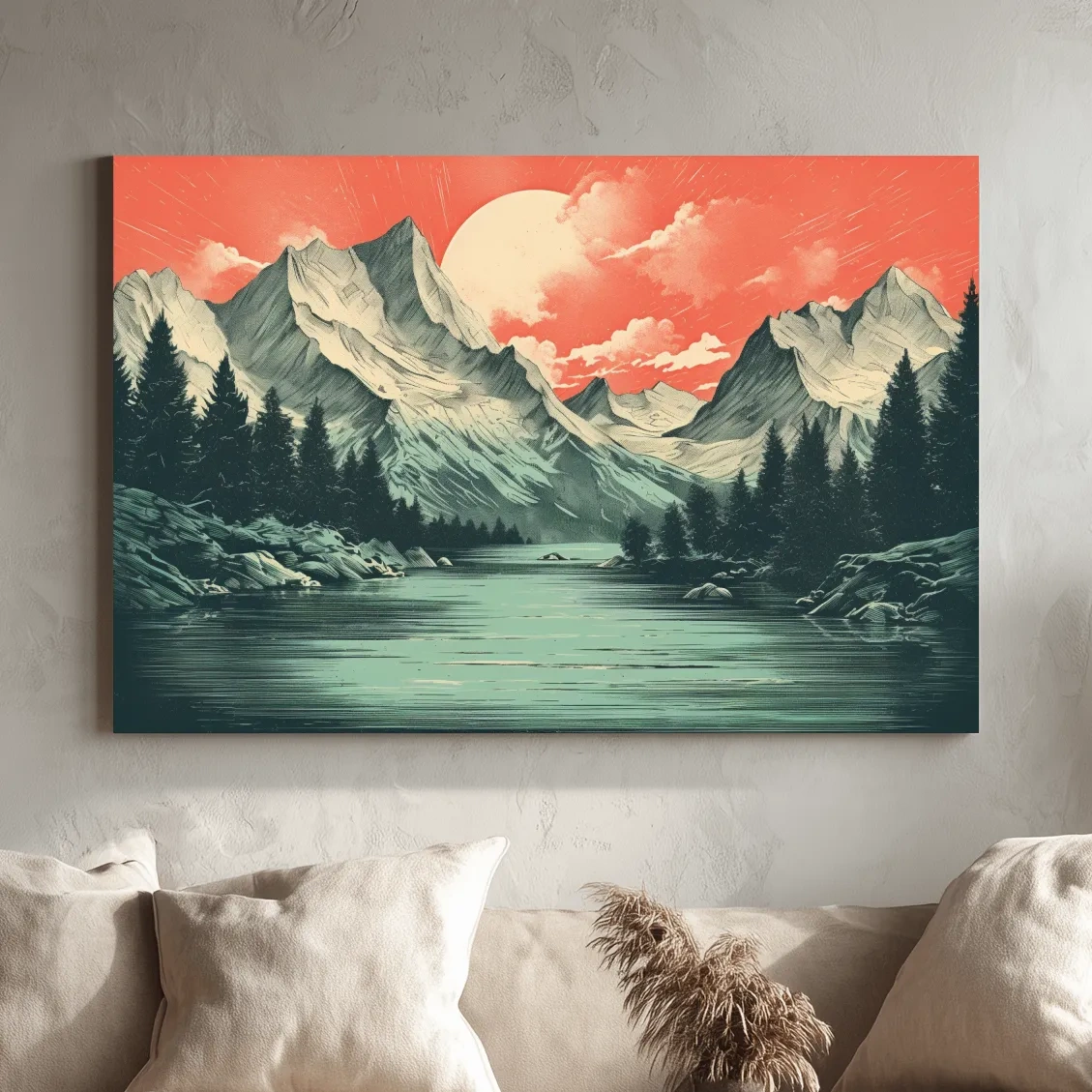 Risograph style illustration of an alpine lake at sunset
