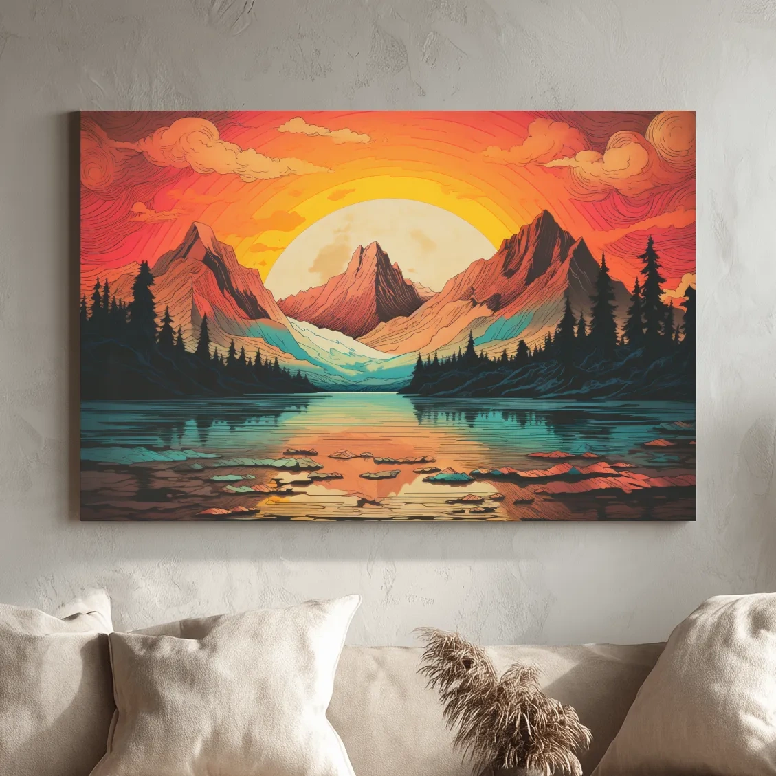 Vibrant Retro Alpine Lake Sunset - Stylized Mountain Wall Art