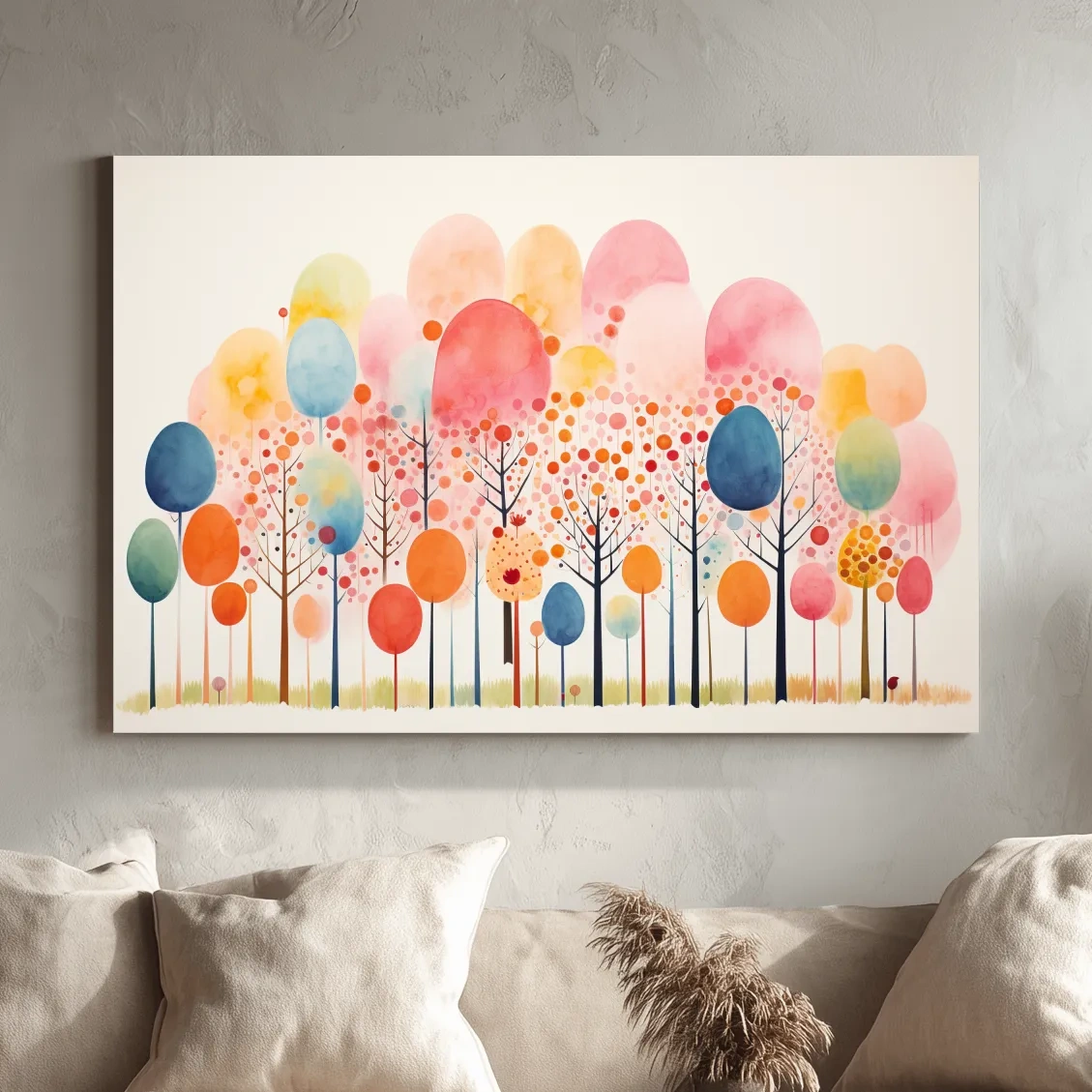 Colorful surreal and whimsical forest painting, pastel colors