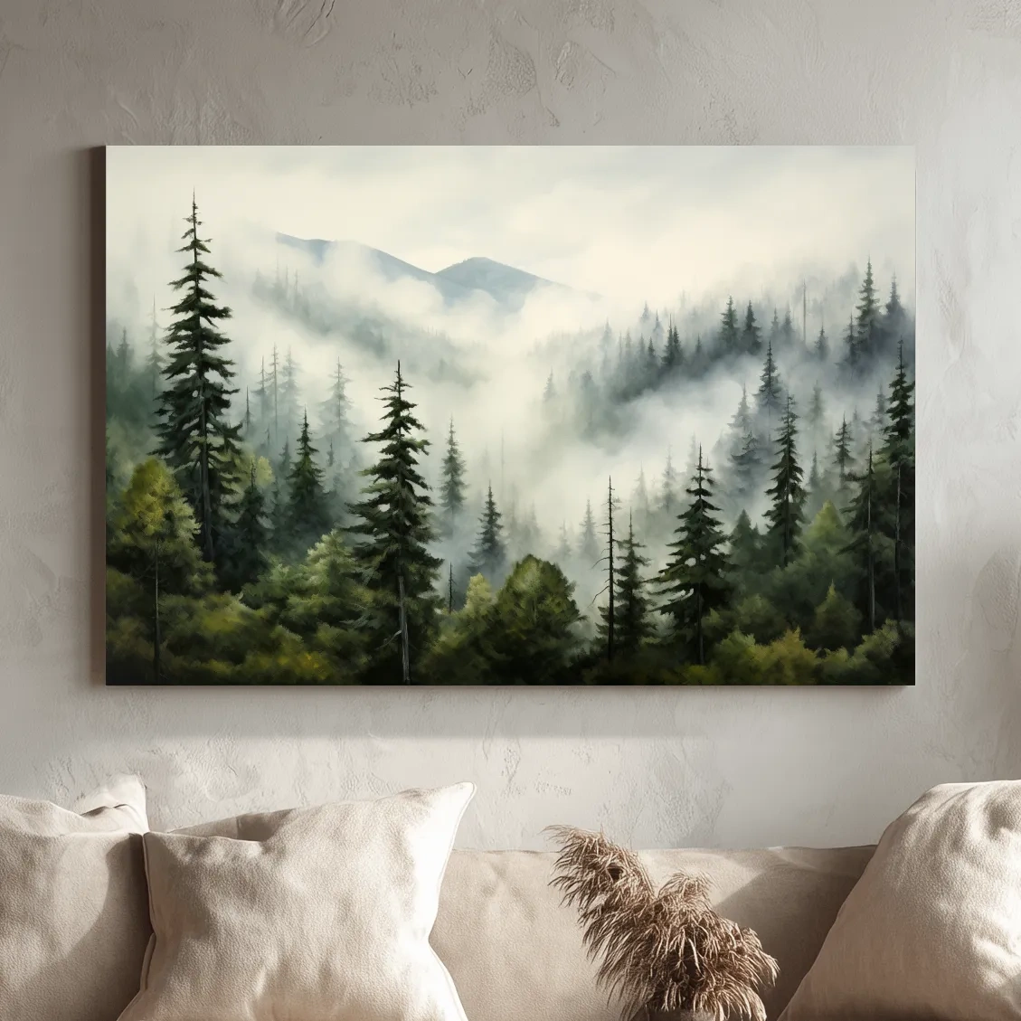 Foggy Alpine Mountain Forest Painting - Moody Watercolor Landscape Wall Art