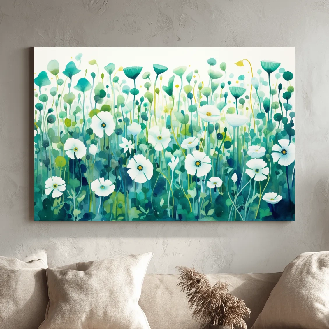 Painting of green flower patterns, colorful floral wall art