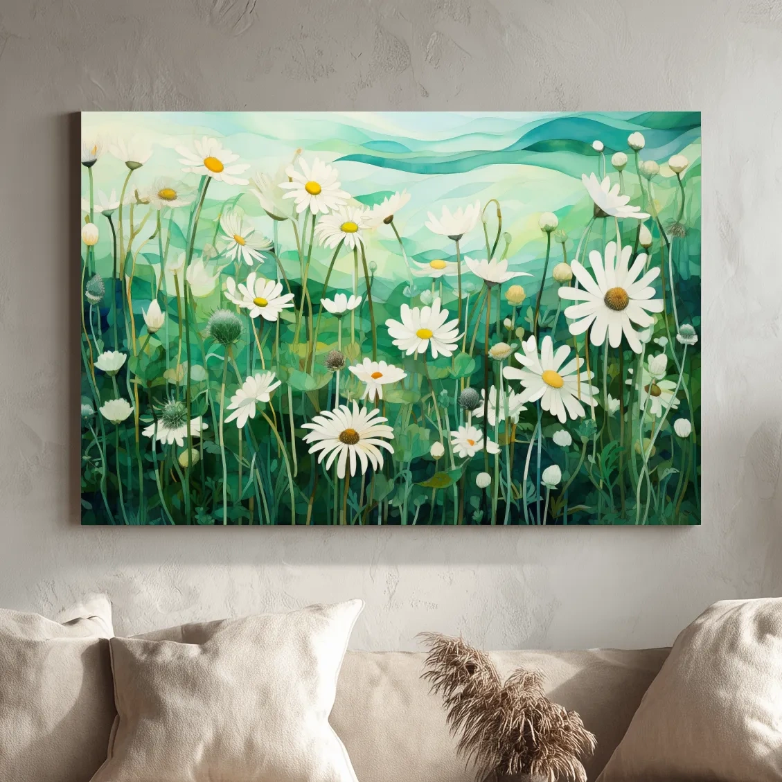 Whimsical Wild Daisy Meadow Landscape - Botanical Watercolor Style Wall Art