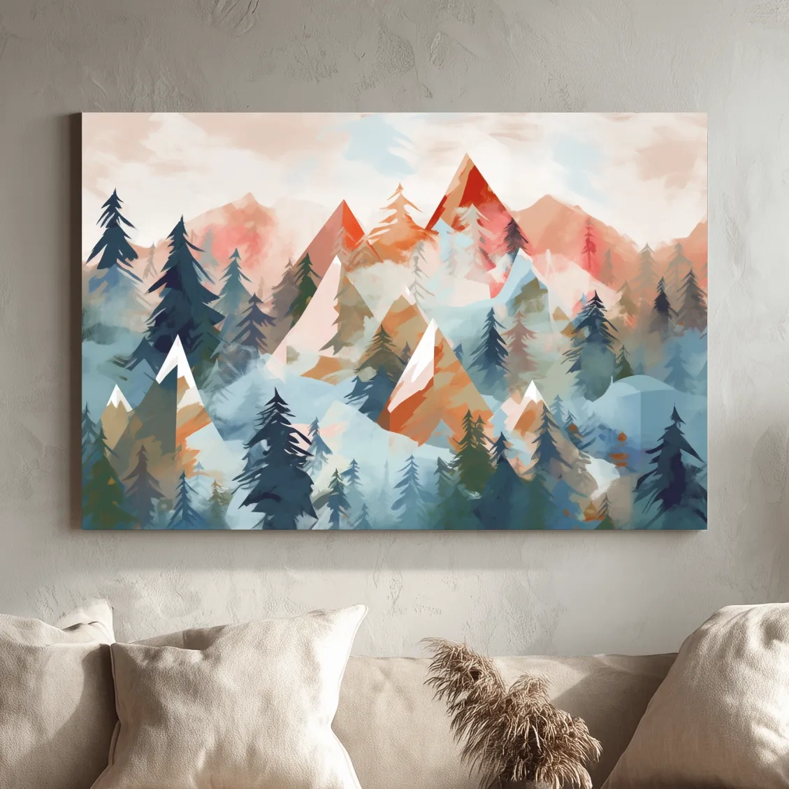 Abstract Watercolor Alpine Mountains And Pine Forest - Modern Geometric Landscape Wall Art