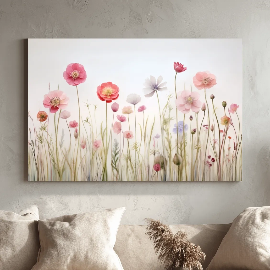 Soft Pastel Wildflower Meadow Watercolor - Minimalist Floral Botanical Wall Art