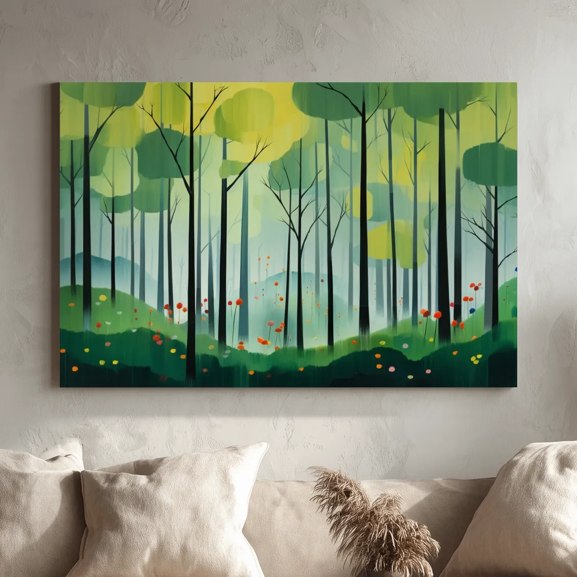 Painting of a bright green forest