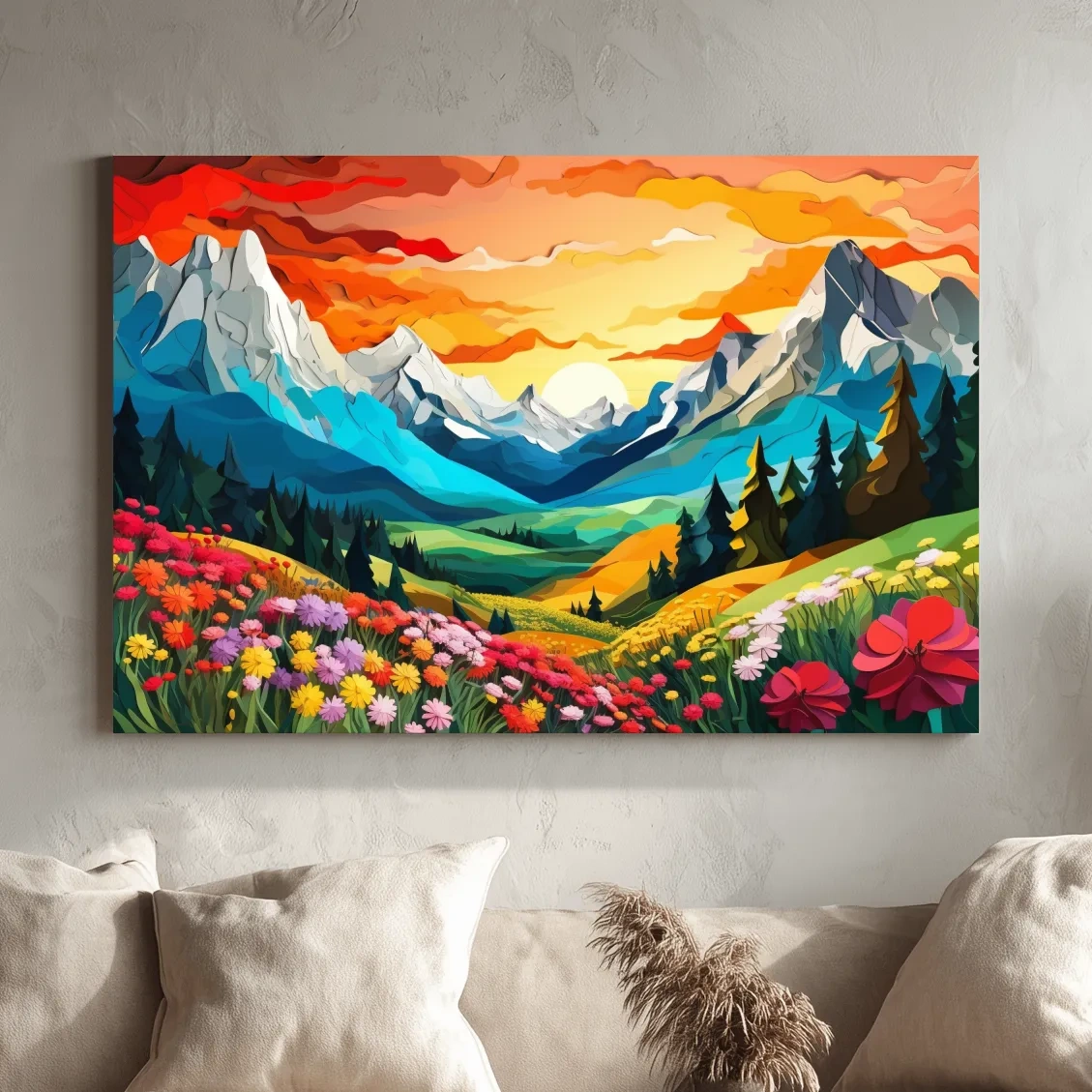 Vibrant paper cutout style art of an alpine meadow at sunset