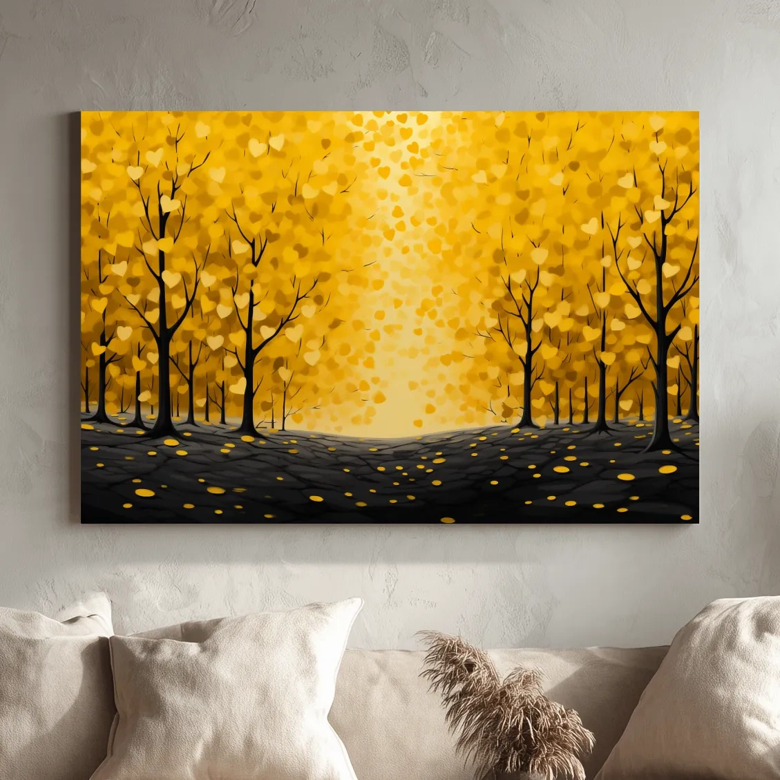 Golden Autumn Forest Canopy Painting - Warm Love Heart Wall Art