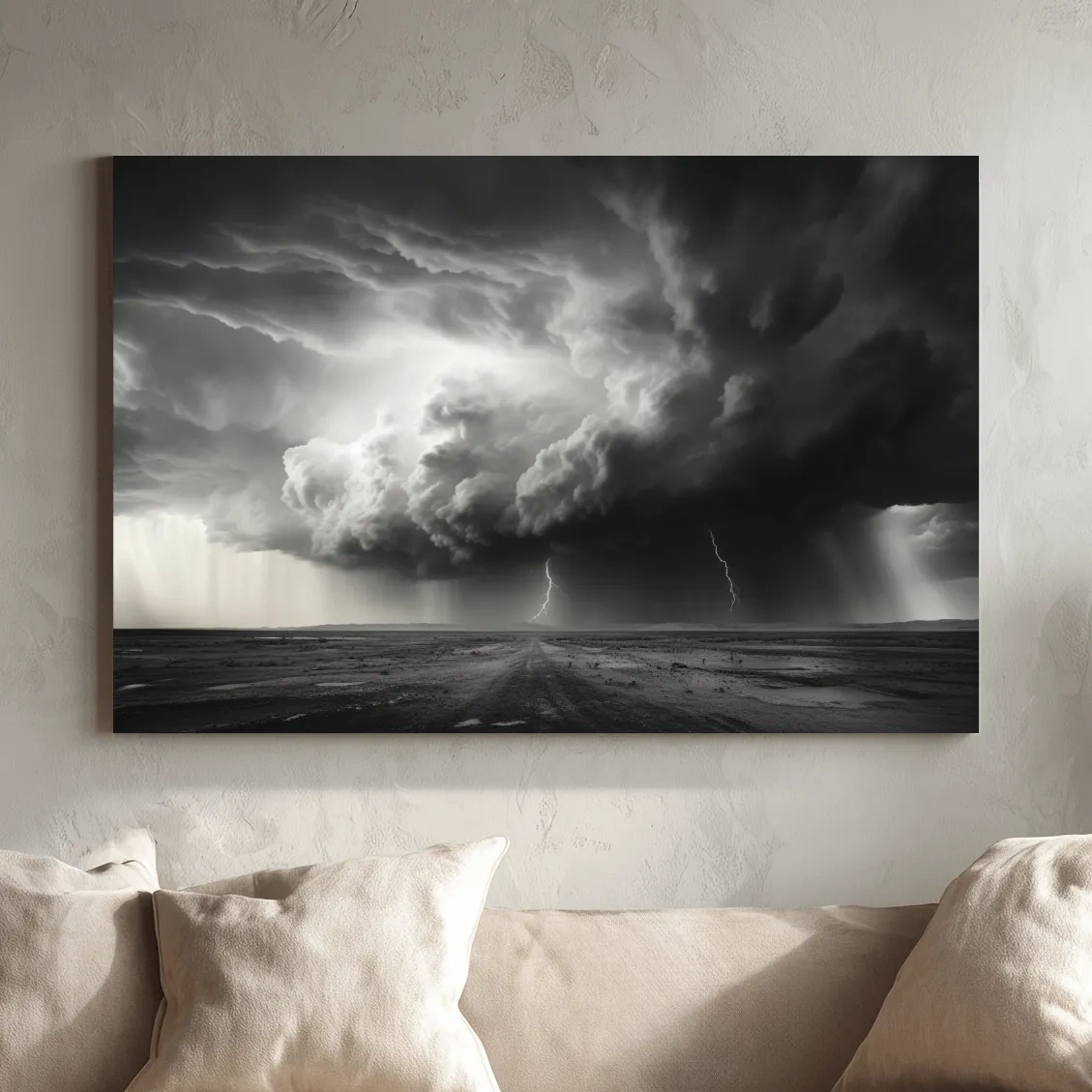 Moody Monochrome Thunderstorm Lightning Landscape - Dramatic Storm Cloud Wall Art