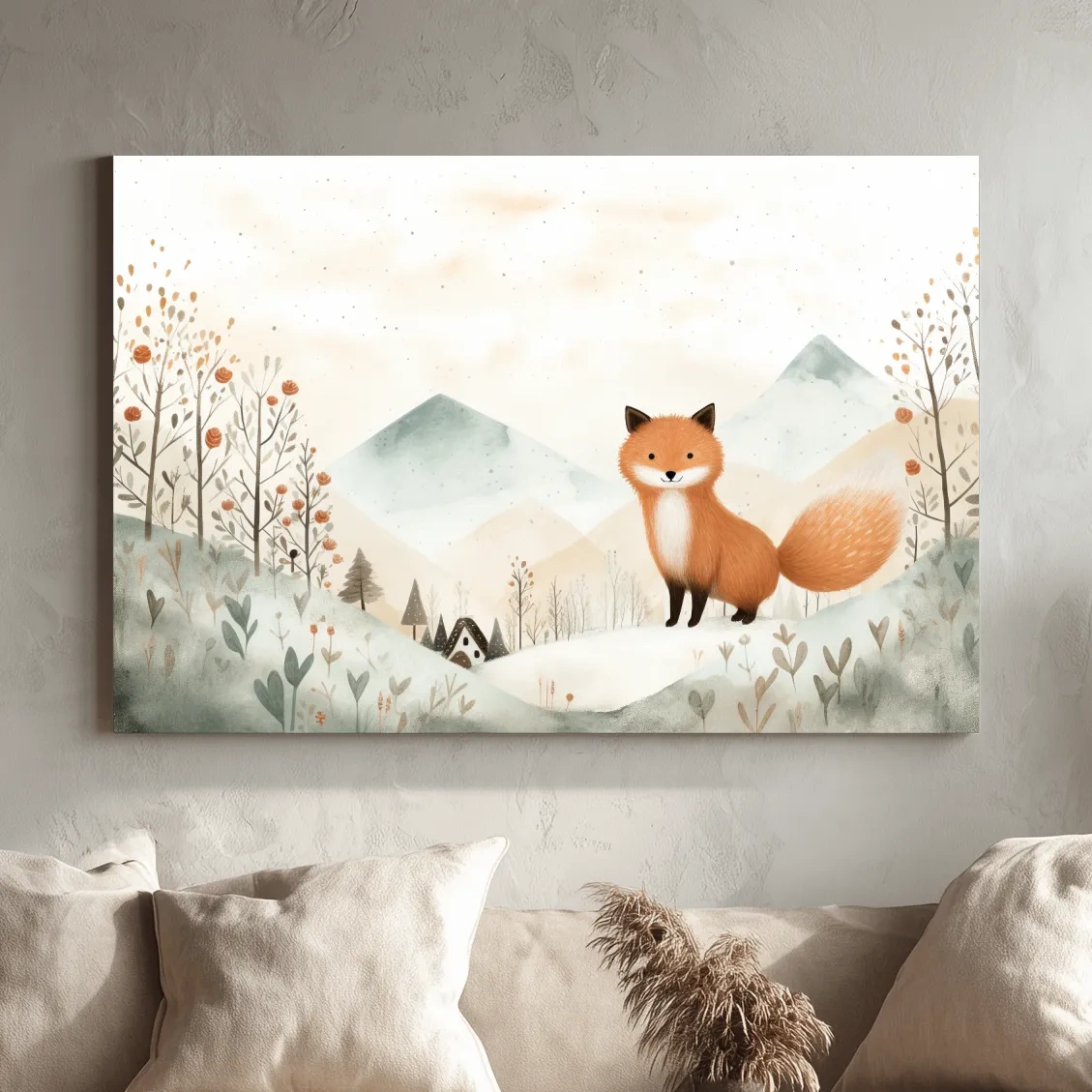 Cute happy fox in the mountains, childrens storybook illustration artwork