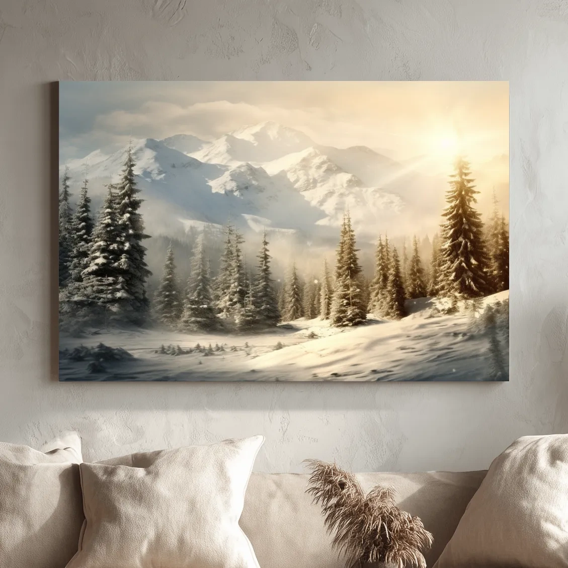 Golden Sunrise Snowy Mountain Landscape - Serene Winter Pine Forest Wall Art
