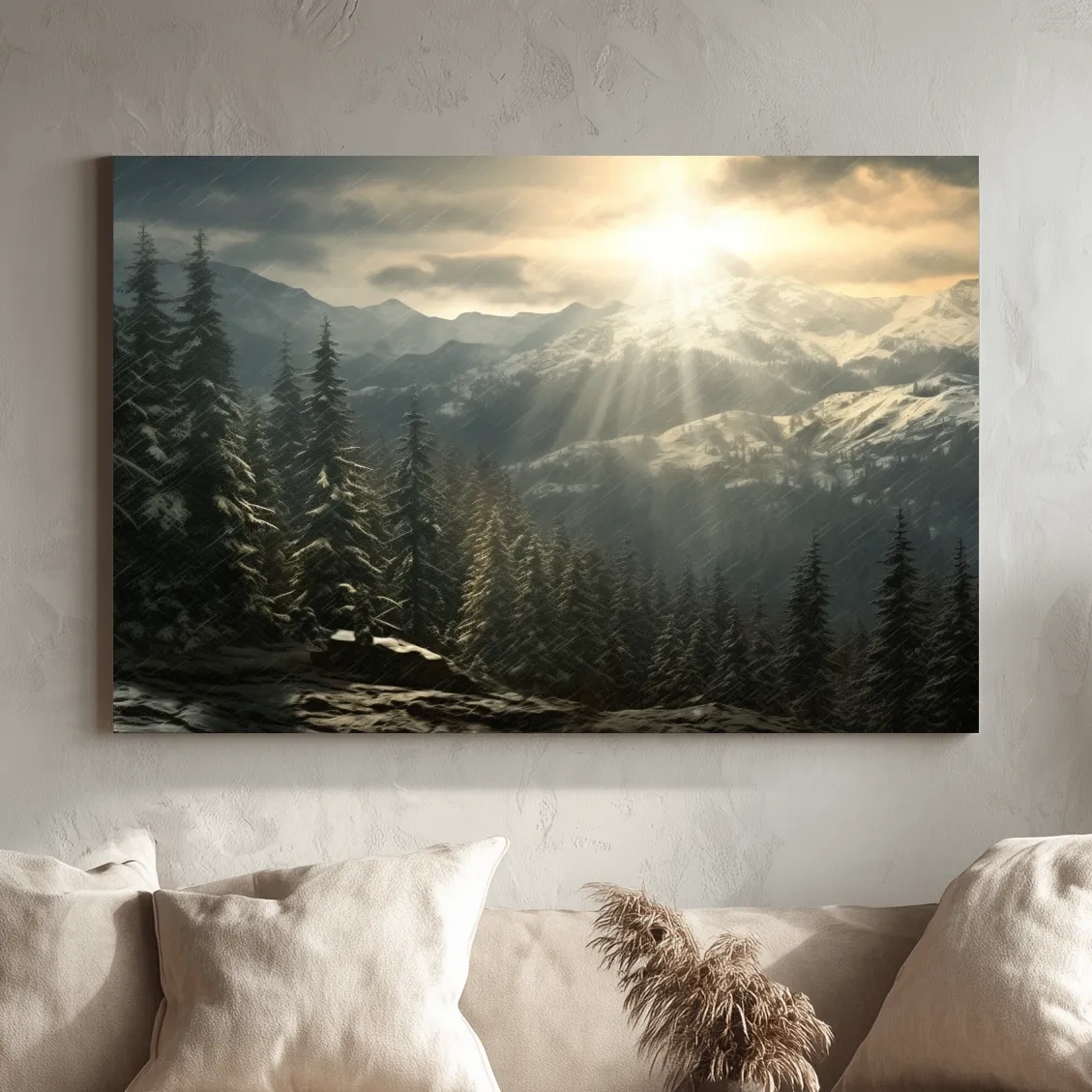 Sunset snowstorm, realistic snow mountain painting
