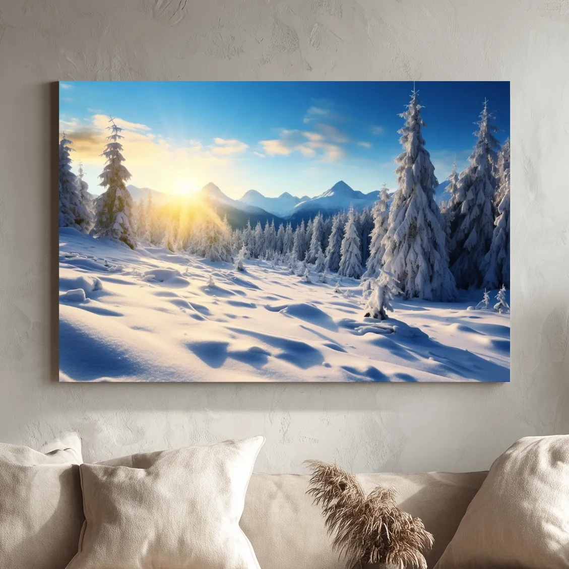 Snowy Sunrise Alpine Forest Landscape - Serene Photographic Nature Wall Art
