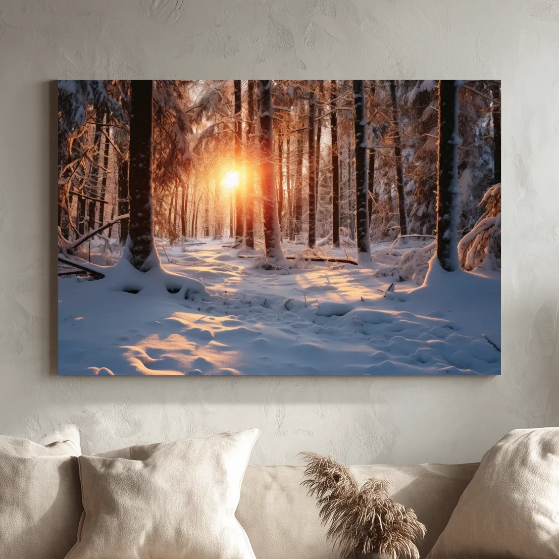 Snow covered forest at sunset, photograph
