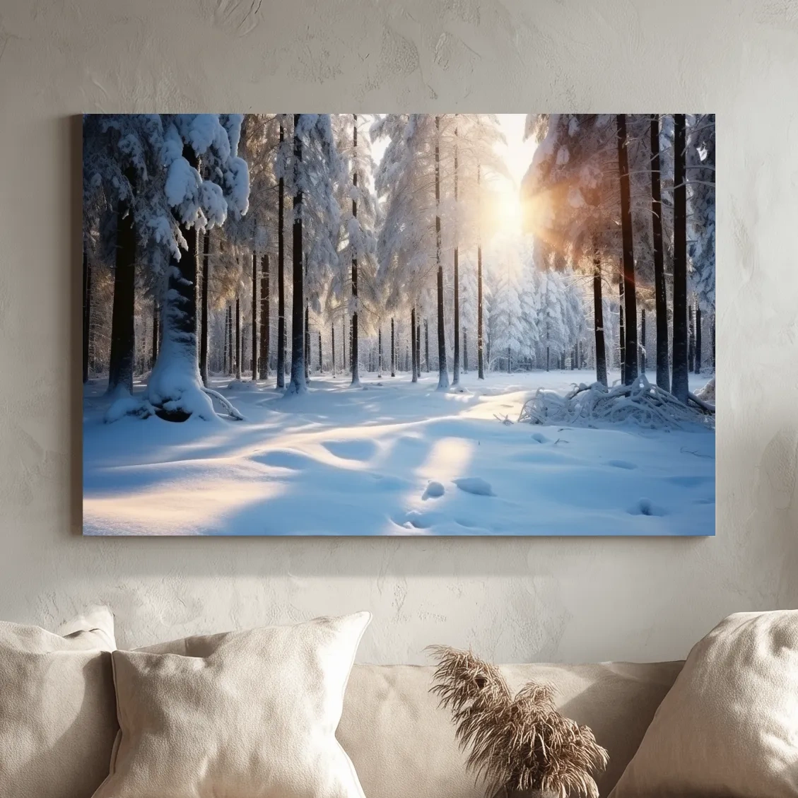 Sunlit Snowy Pine Forest Landscape - Serene Winter Nature Wall Art
