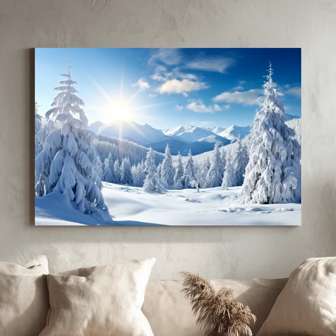 Sunlit Snowy Mountain Winter Landscape - Photographic Alpine Forest Wall Art