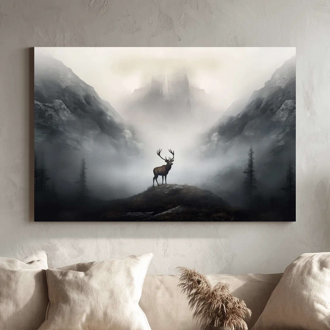 Painting of a majestic deer standing in the fog