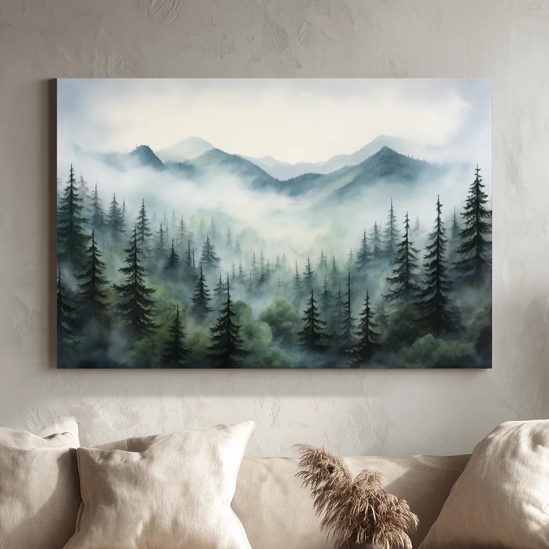 Misty Alpine Forest Painting - Foggy Mountain Landscape Art