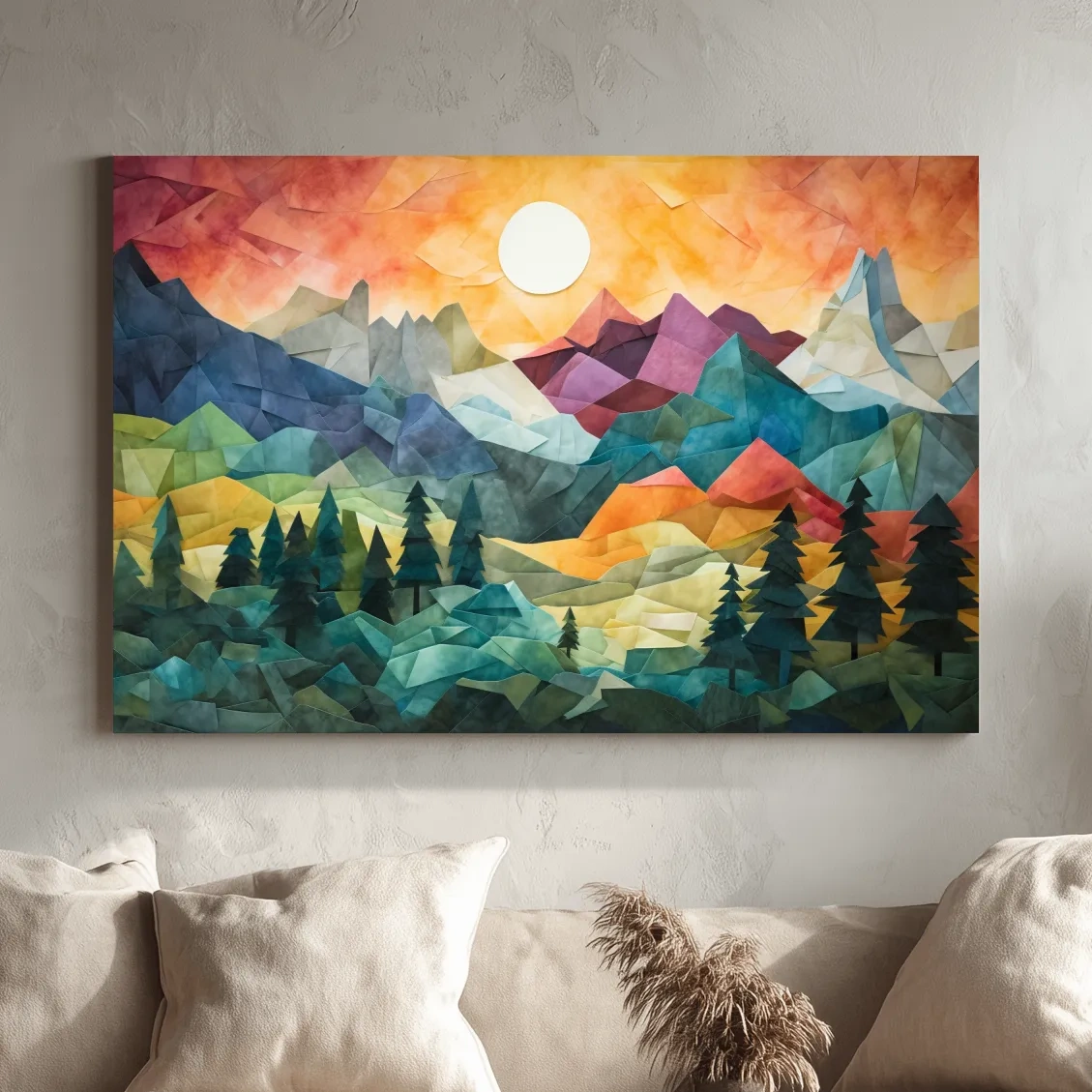 Abstract alpine mountain art at sunset, mixed media patchwork style