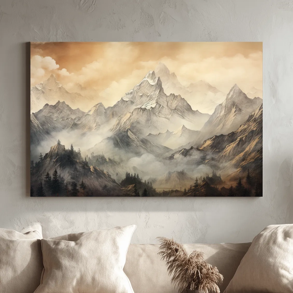 Alpine glacier scene at sunset, sketch style drawing artwork, high alpine landscape wall art