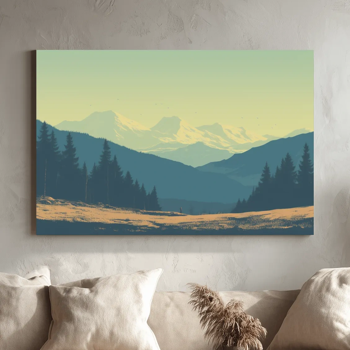 Pacific North West hazy glacier mountain scene, postcard style vector artwork
