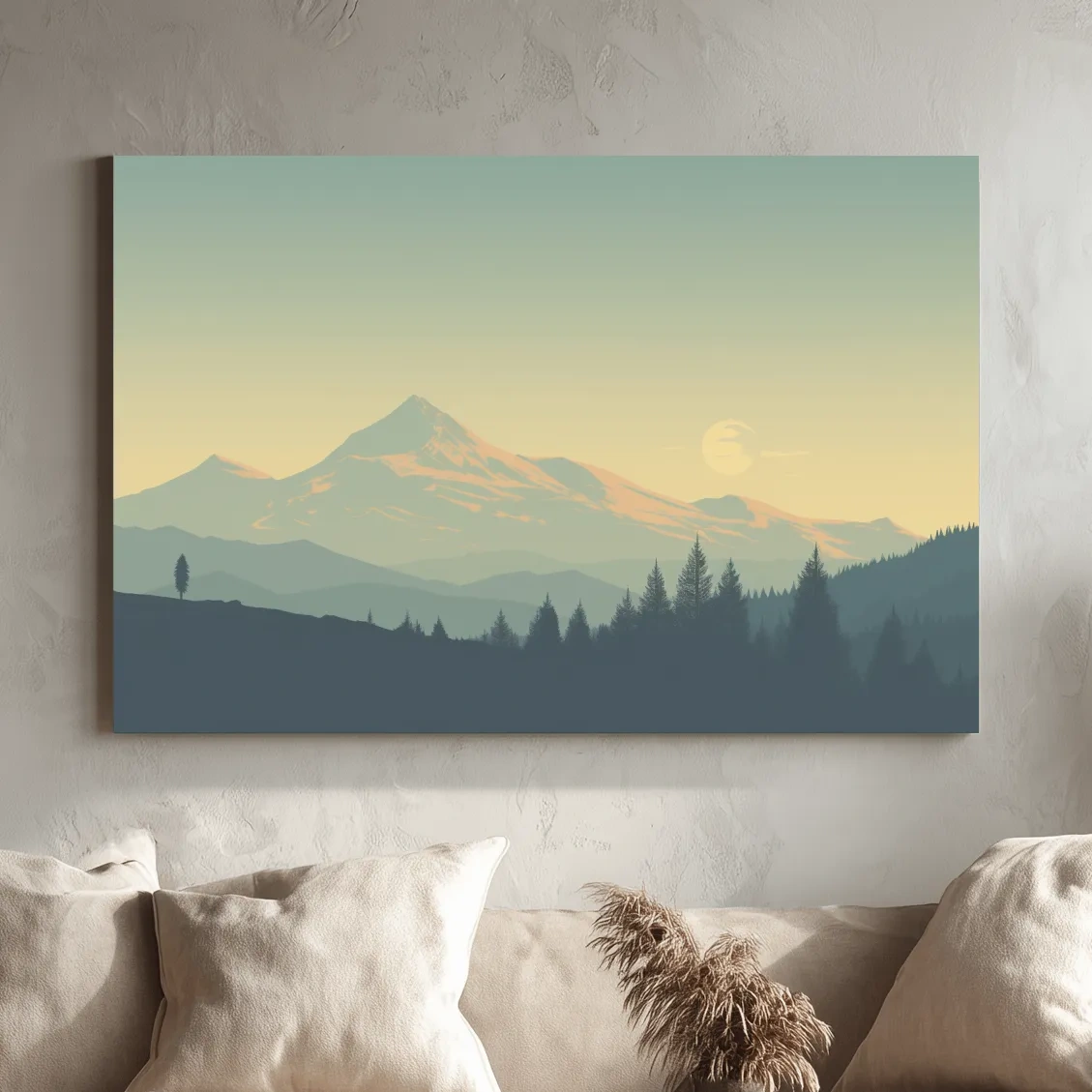Dusk over the glacier, hazy forest silhouette vector illustration