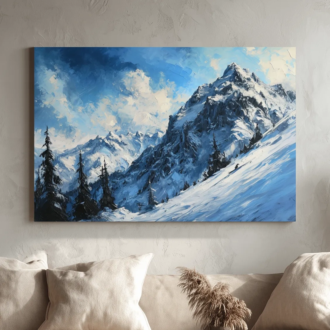 Textured oil painting of alpine snowy mountain