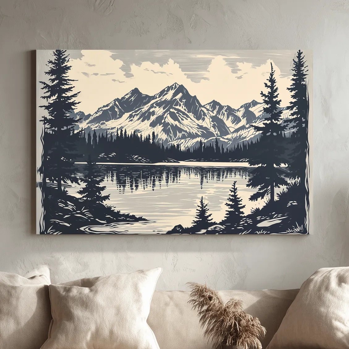 Vintage Alpine Lake Mountain Illustration - Monochrome Linocut Style Artwork