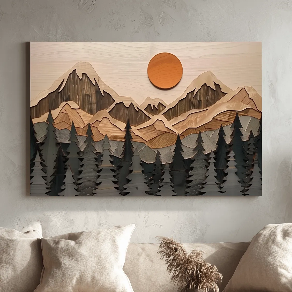 Rustic Geometric Wood Grain Mountain & Forest Sunset Canvas Wall Art