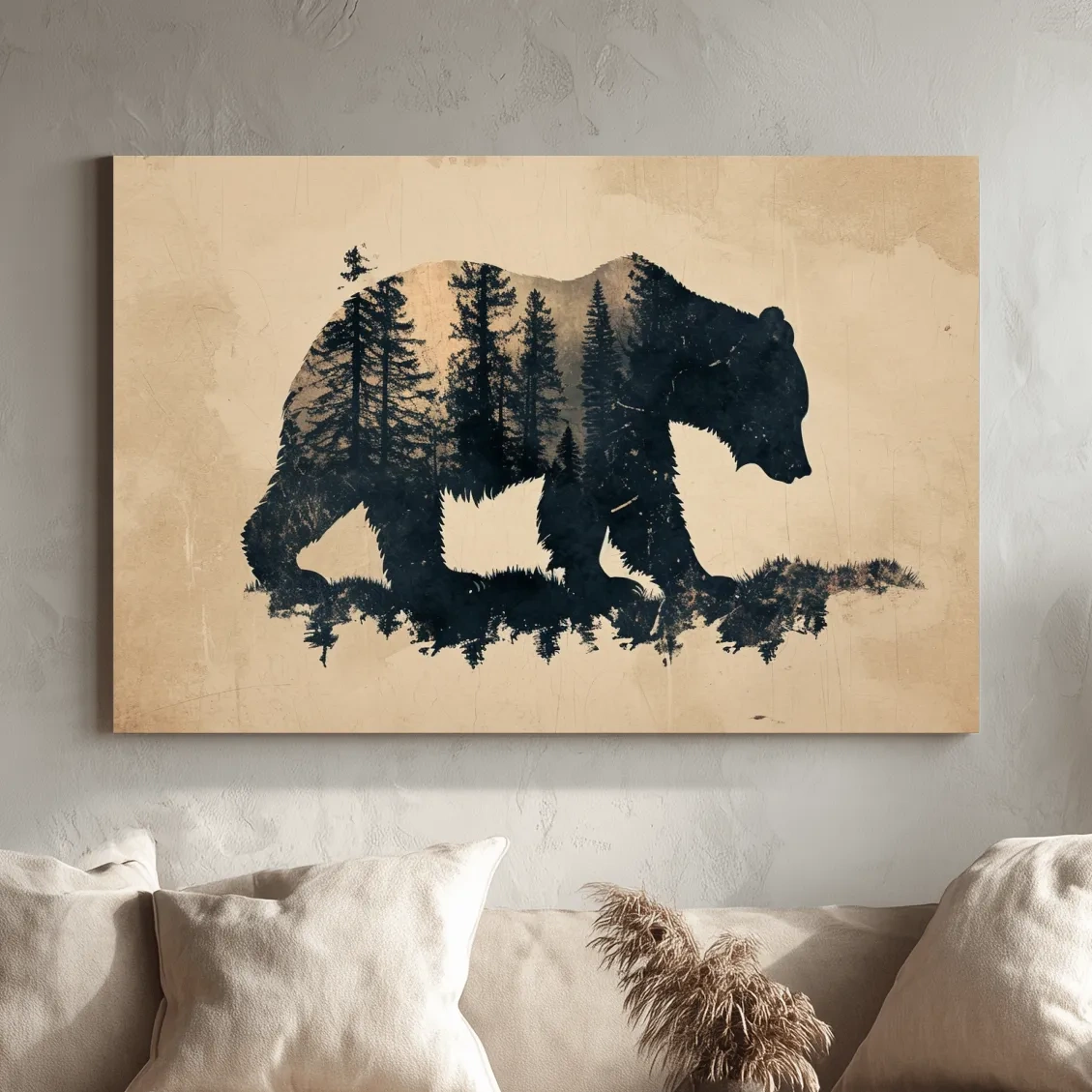 Vintage grizzly bear illustration artwork, double exposure sepia style