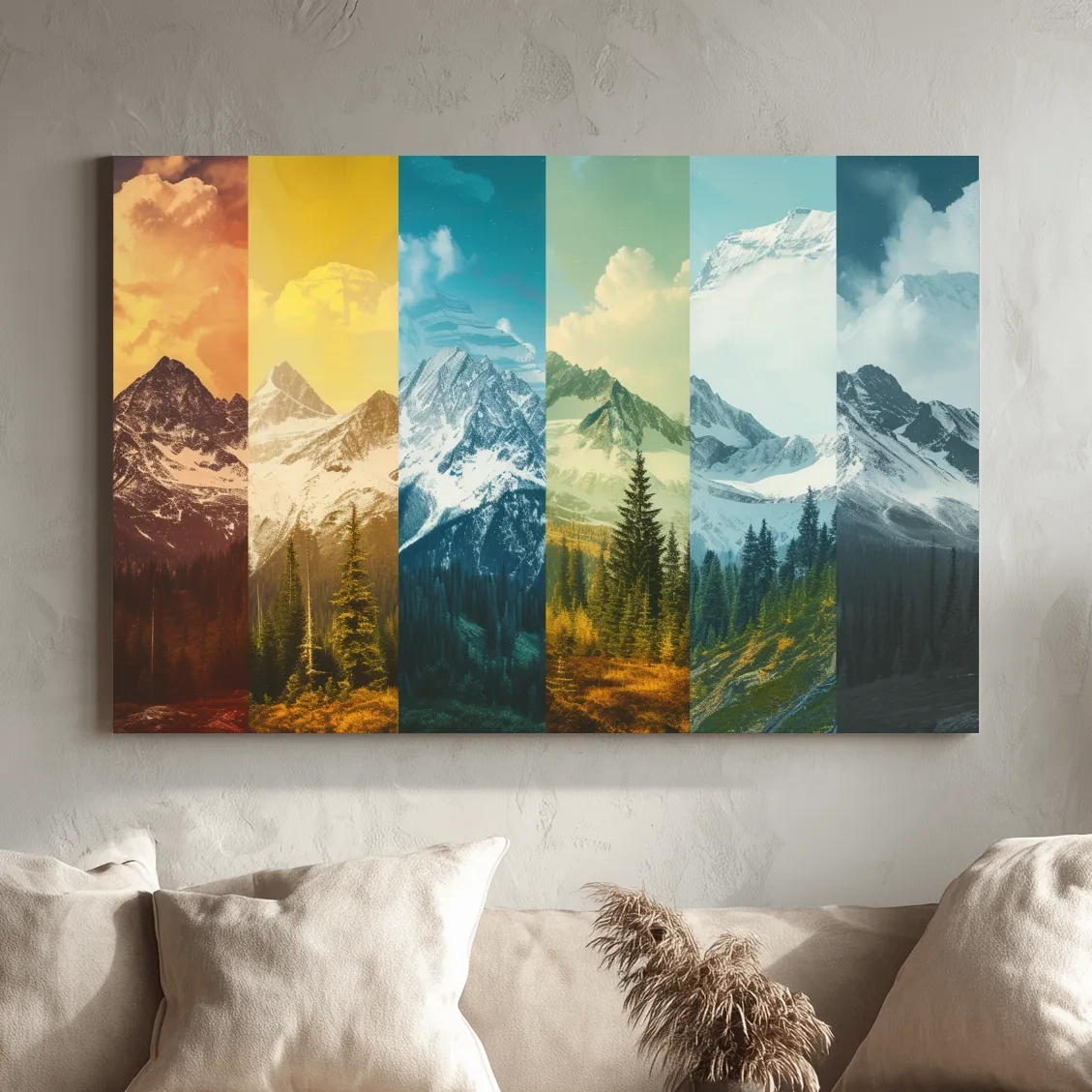 Changing of seasons, alpine forest and glacier art, split panel artwork