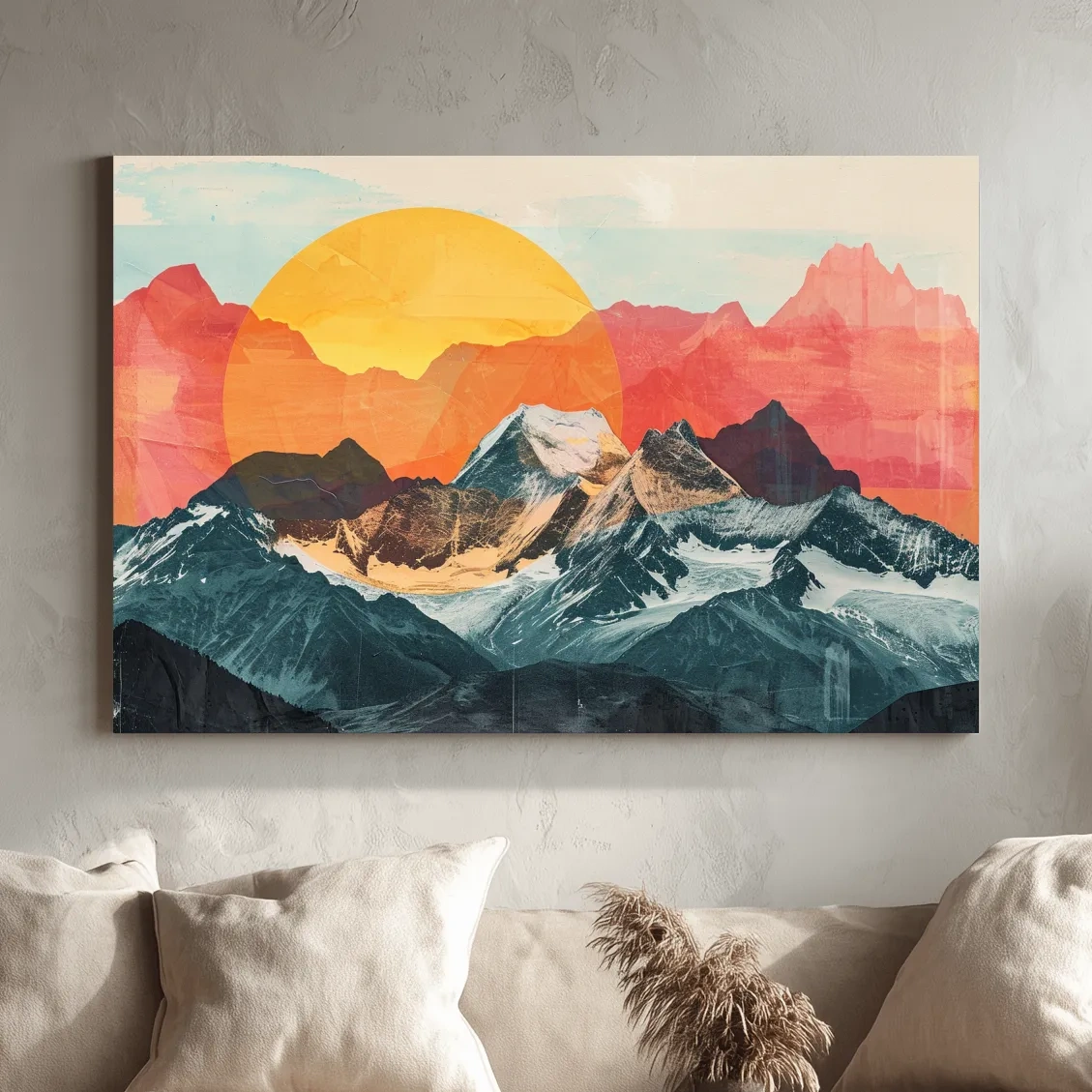 Abstract Alpine Mountains With Golden Sun - Modern Collage Landscape Artwork