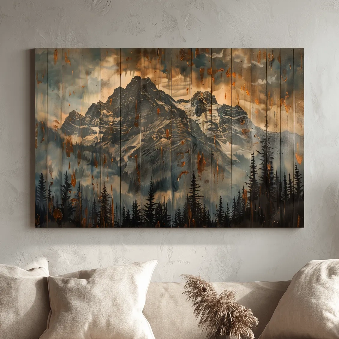 Mountain range wall art, rustic wood panel effect, wood burning style cabin art